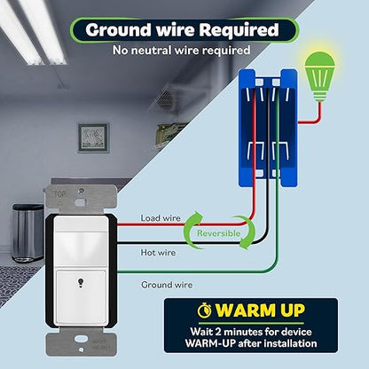 TOPGREENER Motion Sensor Switch, PIR Sensor with Ambient Light Level Detector, Occupancy & Vacancy, No Neutral Wire Required, Ground Wire Required, 5A, 150W LED/CFL, Single Pole, TDOS5-JM, White