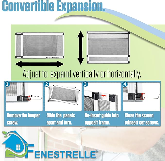 Fenestrelle Expandable Window Screen – 20″ H × 28″–54″ W Horizontal, 2‑Way Adjustable Window Screen with Flame Resistant Fiberglass Mesh, Pack of 2