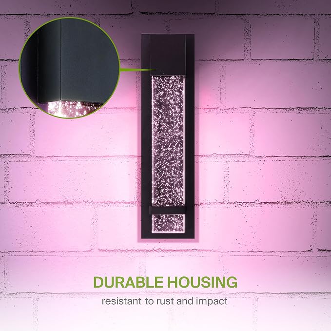 ASD LED 18" Bubble Glass Wall Light Fixture, Outdoor & Indoor Seeded Sconce | RGBW, Smart, Waterproof, ETL Listed | 9W 250LM 3000-5000K 100-277V | Exterior Lantern, Porch Lighting | Black, 2 Pack