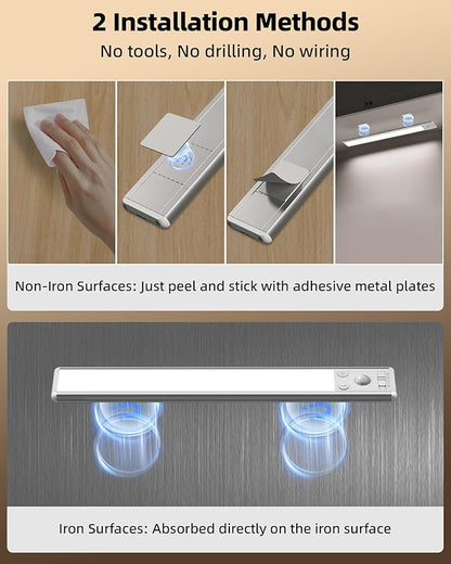 EZVALO Under Cabinet Lighting, 3500mAh Rechargeable Motion Sensor Light Indoor, 3 Color Temps, 5-Level Dimmable Magnetic Wireless Closet Lights for Kitchen, Pantry, Stairs (2 Pack)