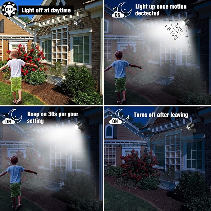 Motion Sensor Outdoor Lights, Battery Operated Outdoor Light, 1000LM Motion Detector Lights for Outside, 6000K LED Security Light Battery Powered Spotlight for House Wall, Black(2 Pack)