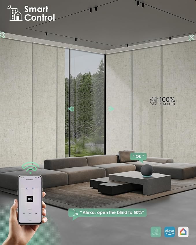 Yoolax Custom XL Smart Vertical Blinds, Motorized Sliding Door Blinds Compatible with Alexa, Blackout Sliding Panel for Room Divider, Indoor Windows, Patio Doors, Linen Beige