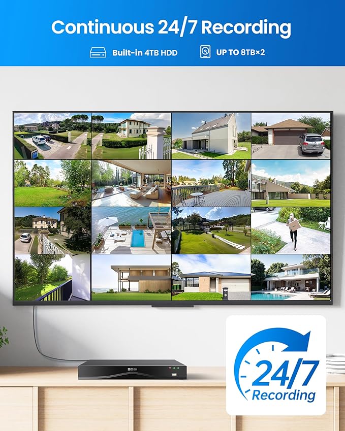 ZOSI 32CH 4K PoE Security Camera System, 12pcs 8MP Outdoor Indoor Cameras with Audio, Person/Vehicle Detection, Dual Disk Backup, H.265+ 16Port 32-Channel NVR with 4TB HDD for Business 24/7 Recording