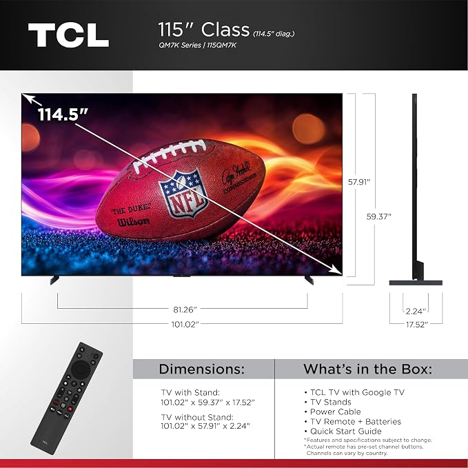 TCL 115-Inch QM7K QLED 4K Smart QD-Mini LED TV with Google TV (115QM7K, 2025 Model) Dolby Vision IQ, Dolby Atmos, HDR, Game Accelerator up to 288Hz, Voice Remote, Compatible with Alexa