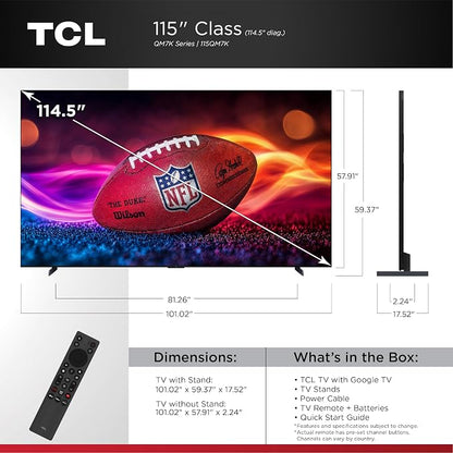 TCL 115-Inch QM7K QLED 4K Smart QD-Mini LED TV with Google TV (115QM7K, 2025 Model) Dolby Vision IQ, Dolby Atmos, HDR, Game Accelerator up to 288Hz, Voice Remote, Compatible with Alexa