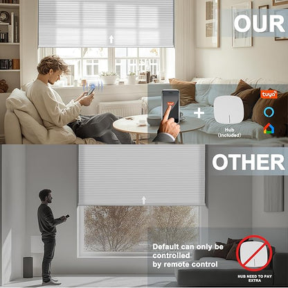 BERISSA Motorized Cellular Shades, Light Filtering Smart Honeycomb Blinds with Remote Control & Hub, Custom Room Darkening Automatic Cellular Window Blinds for Home Office, Living Room, Door,White