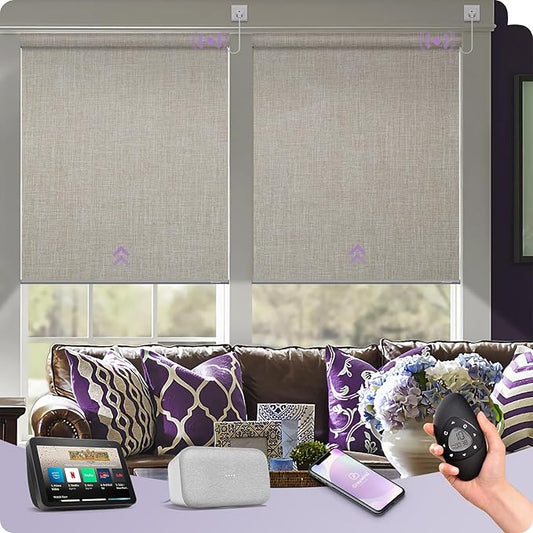 Graywind Smart Blackout Roller Shades Work with Alexa Google WiFi Hardwired Triple Weaved Fabric Motorized Blinds Remote Window Shades, Custom Size (Light Coffee)