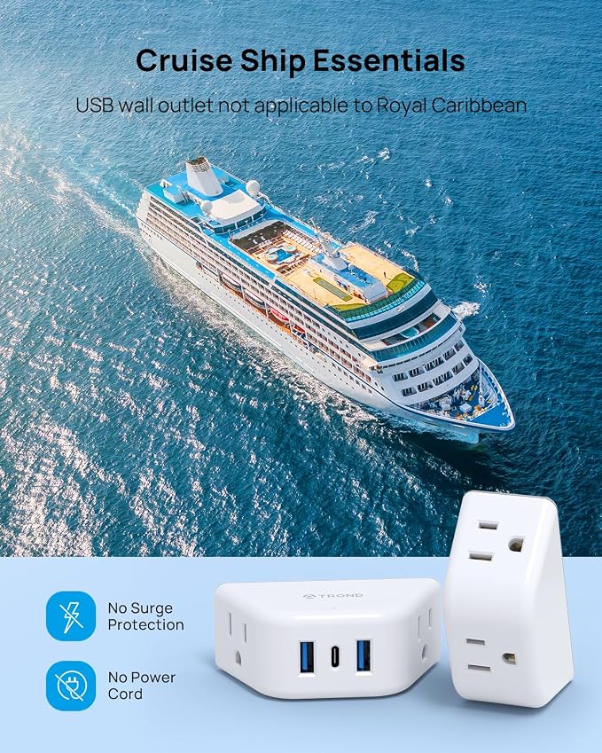 TROND Multi Plug Outlet Extender with USB, 2 Pack Plug Splitter | No Blocking with 3 Way Angled Design Outlet Adapter, Cruise Essentials, Small Multiple Expander for Travel Home Office, White
