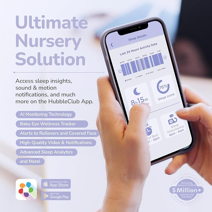 Hubble Connected SkyVision AI-Enhanced Smart Camera Baby Monitor with Secure Connection, Crib Mount, Remote Pan Tilt Zoom, 2-Way Talk, Night Vision, Nightlight, Soothing Sounds, Wellness Tracker, App