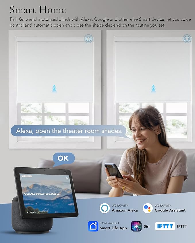 Motorized Blinds Compatible with Alexa Google 100% Blackout Smart Blind Automatic Window Roller Shades Remote Control Custom Size Double-Sided Fabric White