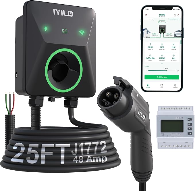 Level 2 EV Charger with Energy Meter, 48Amp/11.5KW, J1772 Wall Electric Car Charger with Dual Temp Sensors(Exclusive), Wi-Fi(2.4 GHz), RFID, Smart App, CT Clamps for Load Balancing, Black-Gray