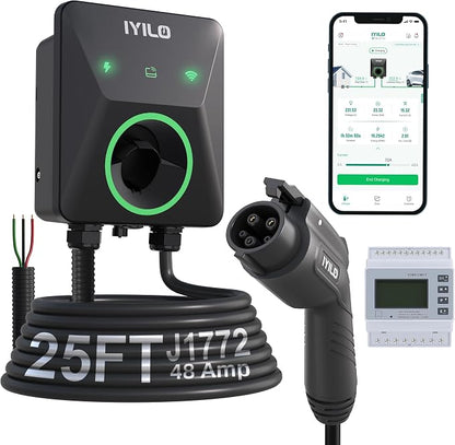 Level 2 EV Charger with Energy Meter, 48Amp/11.5KW, J1772 Wall Electric Car Charger with Dual Temp Sensors(Exclusive), Wi-Fi(2.4 GHz), RFID, Smart App, CT Clamps for Load Balancing, Black-Gray