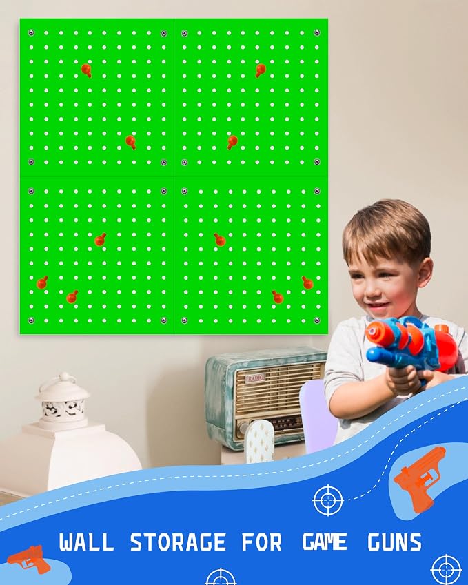 Wooden Peg Board for Nerf Gun Storage Organizer 13 x 13 x 0.31 In - Green | 4 MDF Panels, 20 Wooden Pegs, Compatible with All Blasters Nerf Gun Rack Organizer for Wall Organization