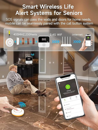 PILSAMAS 3 Pack Wireless Caregiver Call Button for Elderly at Home, WIFI Panic Button, Help Button, Alarm for Senior Citizens w Sound Light Alarm, App Alert, Emergency Response Button, Caregiver Pager