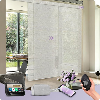 Graywind Motorized Natural Sliding Panels Compatible with Alexa Google Light Filtering Smart Panel Track Blinds for Patio Sliding Door, Custom Size (Moonlight)