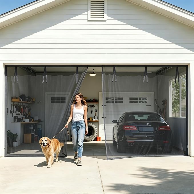 FEGO Grey Garage Door Screen for 1 Car 8x7FT, Magnetic Screen Doors with Retractable Fiberglass Mesh and Heavy Duty Weighted Bottom, Easy Assembly & Pass, Hands Free Screen Door for Entry Door