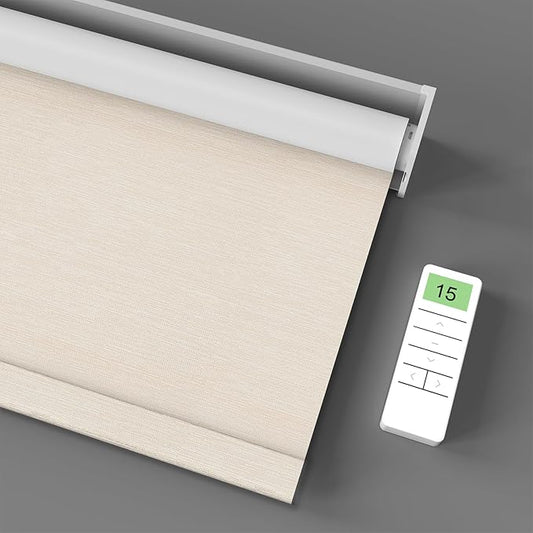 Motorized Blinds with Remote Control, Smart Blackout Automatic Blinds Work with Homekit Alexa Google Home, Rechargeable Electric Window Roller Shades with Valance, Customized Size (Texture Cream)