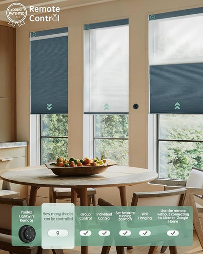 Yoolax Smart Motorized Day and Night Cellular Shades with Remote, Top Down Bottom Up Blinds Compatible with Alexa, Blackout and Light Filtering Honeycomb Blinds (Blue)