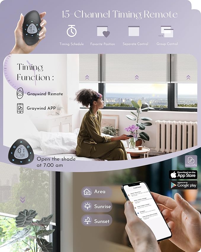 Graywind Motorized Solar Shades Light Filtering Mesh Shade Compatible with Alexa Google Remote Control Window Blinds with Valance for Smart Home Office Business, Custom Size (3% Openness Beige)