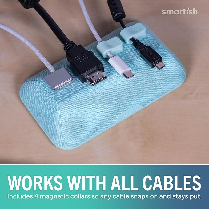 Smartish Magnetic Cord Holder, Bigger Cable Wrangler, Office Desk Organizer | Holds 8 Cords, 2 Cable Clips, Weighted Base, Charger Keeper, Phone Charging Cable Management, Nightstand Accessories, Green