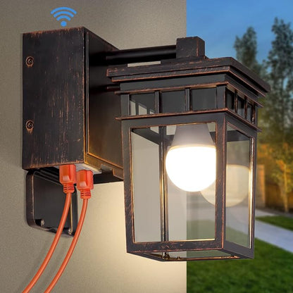 Dusk to Dawn Outdoor Wall Lighting with Outlet,Porch Light with GFCI Outlet Built in,Anti-Rust Alunmium Wall Lantern with Clear Glass Shade,Outdoor Light for House Garage, Bulb Included(Brown)
