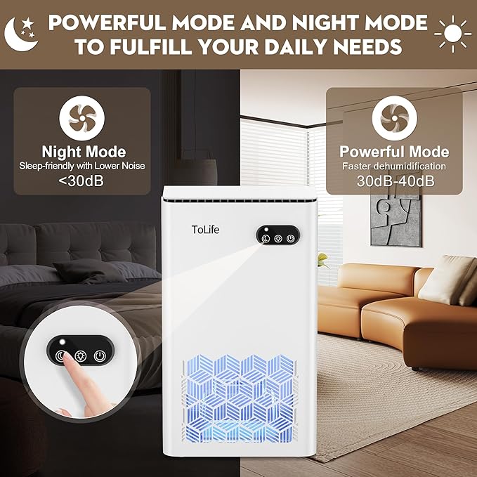 ToLife Dehumidifier for Home, 1000 sq.ft Dehumidifiers for Basement Bathroom Bedroom with 95 OZ Water Tank, Auto Shut Off 7 Colors LED Light, White Black
