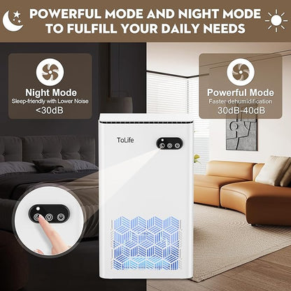 ToLife Dehumidifier for Home, 1000 sq.ft Dehumidifiers for Basement Bathroom Bedroom with 95 OZ Water Tank, Auto Shut Off 7 Colors LED Light, White Black
