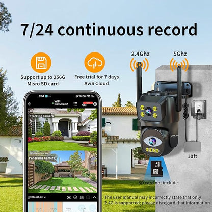 LETSCEE Dual Lens WiFi Security Camera Outdoor, 2.4G/5G PTZ Outdoor Plug-in Camera Auto Tracking,Home Security Surveillance System,WiFi,Night Vision,7/24 Recording