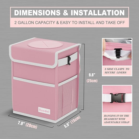 K KNODEL Waterproof Car Trash Can with Lid, Leak-Proof Garbage Bag, Hanging Bin for Women (Pink, Medium)