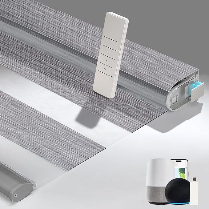 Persilux No Drill No Tools Smart Zebra Blinds, Dual Layer Privacy for Day and Night, Automatic Zebra Drilless Blackout Shades for Windows, Thermal Insulated,Custom Sizes,Bella Light Gray, RS20288-7
