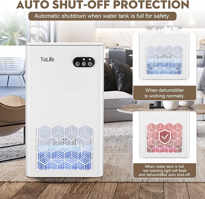 ToLife Dehumidifier for Home, 1000 sq.ft Dehumidifiers for Basement Bathroom Bedroom with 95 OZ Water Tank, Auto Shut Off 7 Colors LED Light, White Black
