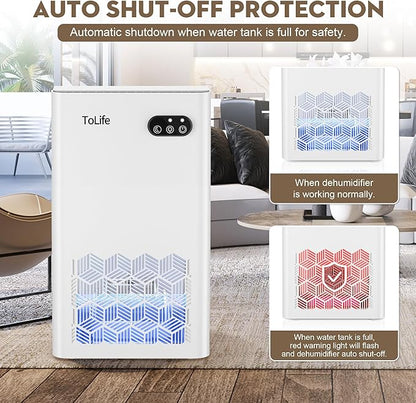 ToLife Dehumidifier for Home, 1000 sq.ft Dehumidifiers for Basement Bathroom Bedroom with 95 OZ Water Tank, Auto Shut Off 7 Colors LED Light, White Black