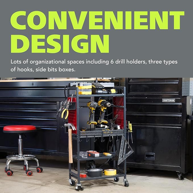 Pearington Power Tool Cart with Battery Charging Station, 8 Outlet Power Strip, Garage Mobile Workbench for Mechanic, Workshop