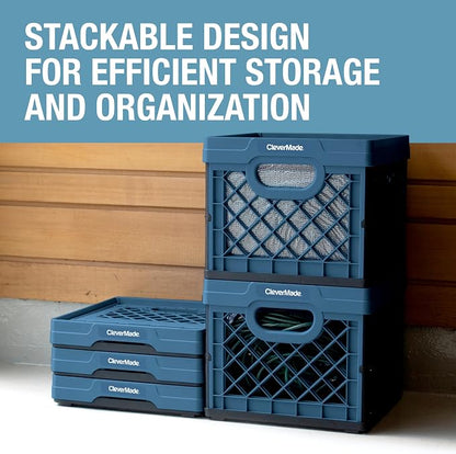 CleverMade Collapsible Milk Crate (EcoCrate) - 25L - Ocean (3PK) | Organize Files, Groceries, and Gear in One Crate | Built-In Rails Hold Letter Folders, While the Frame Stacks Securely