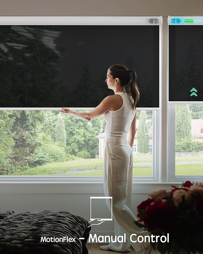 Yoolax Motorized Shades Dual Control, MotionFlex Motorized Solar Shades with App & Manual Control, Fireproof Waterproof Automatic Blinds for Indoor Windows, Custom Size (5% Openness Black)