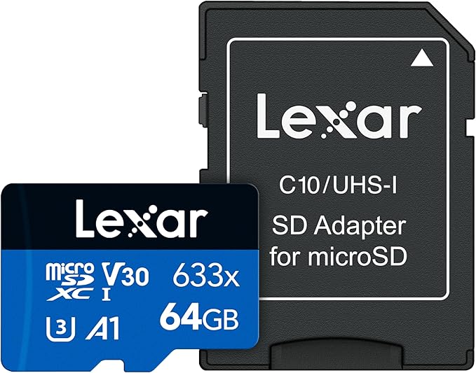 Lexar High-Performance 633x 64GB microSDXC UHS-I Card w/ SD Adapter, C10, U3, V30, A1, Full-HD & 4K Video, Up To 100MB/s Read, for Smartphones, Tablets, and Action Cameras (LSDMI64GBBNL633A)
