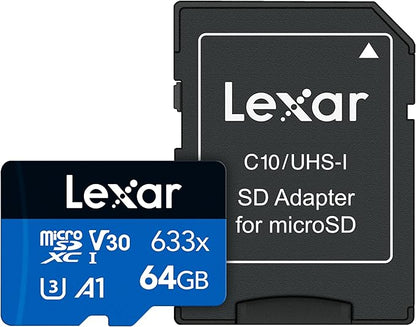 Lexar High-Performance 633x 64GB microSDXC UHS-I Card w/ SD Adapter, C10, U3, V30, A1, Full-HD & 4K Video, Up To 100MB/s Read, for Smartphones, Tablets, and Action Cameras (LSDMI64GBBNL633A)