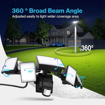 Olafus 180W Motion Sensor Outdoor Light Plug in, 18000LM Motion Flood Light Dusk to Dawn, IP65 Waterproof Exterior LED Security Lights, 5 Heads Motion Detector Yard Lights for Garage Backyard - Black