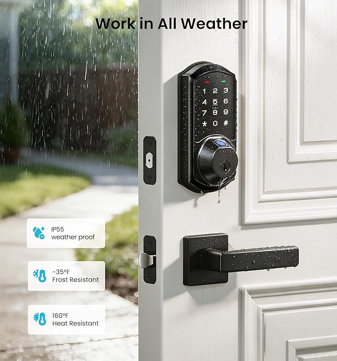 Veise VE07-L Fingerprint App Control Smart Locks with Heavy-Duty Zinc Alloy Handles, Keyless Entry for Front Door, Digital Electronic Touchscreen, Auto Lock, Waterproof, Easy Install, Matte Black