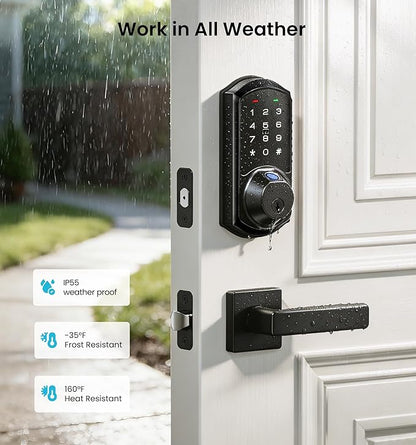 Veise VE07-L Fingerprint App Control Smart Locks with Heavy-Duty Zinc Alloy Handles, Keyless Entry for Front Door, Digital Electronic Touchscreen, Auto Lock, Waterproof, Easy Install, Matte Black