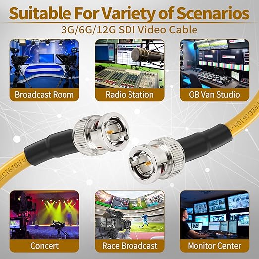 Superbat SDI Cable 3G/6G/12G SDI Cable 50ft (Belden 1694A Yellow) BNC Cable 75 ohm for Camera UHD 3G-SDI/6G-SDI/4K/8K Video Recoder Converter, Precision SDI Video Cable
