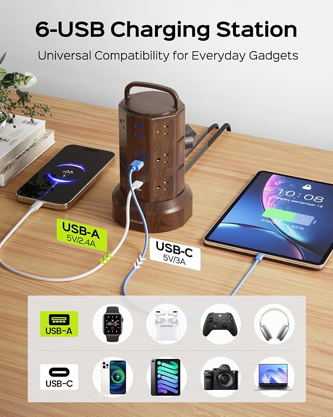 JACKYLED Power Strip Tower Surge Protector, 12 AC 6 USB (2 USB C), 1050J | 6.5Ft Retractable Extension Cord with Multiple Outlets, 1625W/13A Outlet Extender, USB Charging Station for Home Office Dorm