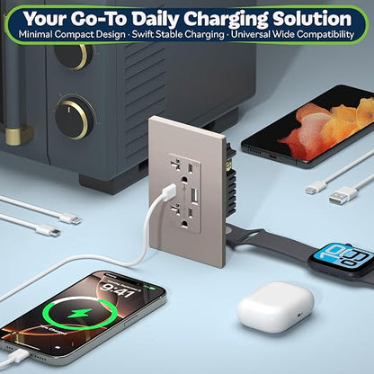 TOPGREENER 2-Port USB Outlet, 4.2A Type C USB Wall Outlet, Nickel, 1 Pack | UL Listed, 20 Amp TR Receptacle Plug, USB Receptacle, Charging Power Outlet with USB C & A Ports, Wall Plate Included
