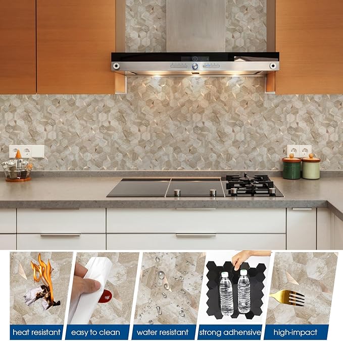 10 Sheets Beige Slate Hexagon Peel and Stick Backsplash for Kitchen Wall, Heat Resistant Stick on Backsplash PVC Smart Tiles, Waterproof Peel and Stick Wall Tiles for Bathroom
