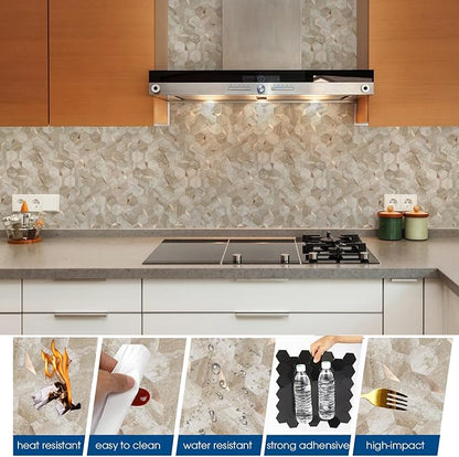 10 Sheets Beige Slate Hexagon Peel and Stick Backsplash for Kitchen Wall, Heat Resistant Stick on Backsplash PVC Smart Tiles, Waterproof Peel and Stick Wall Tiles for Bathroom