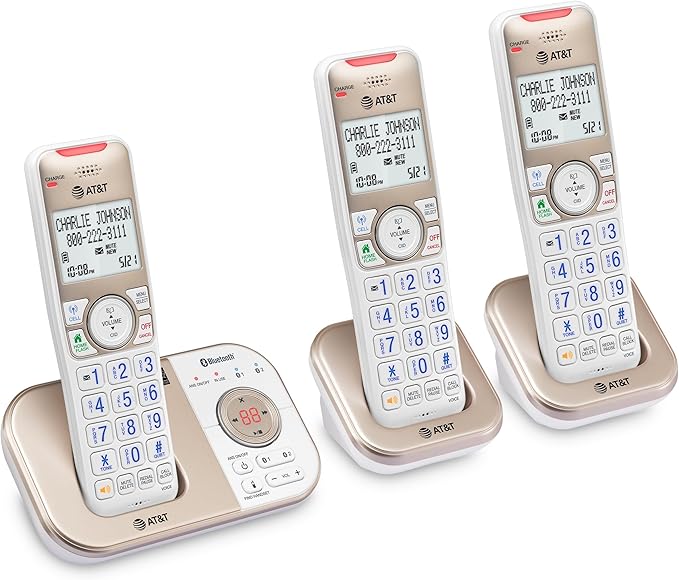 AT&T BL3112-3 3-Handset DECT 6.0 Cordless Phone for Home with Bluetooth Connect to Cell, Smart Call Blocker, Answering Machine, Caller ID, Expandable up to 5 Handsets, Champagne Gold/White