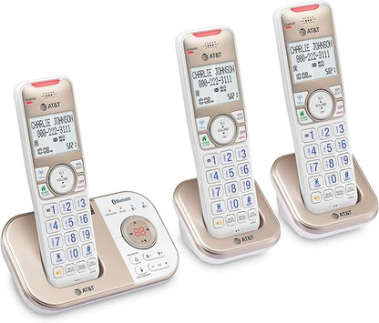 AT&T BL3112-3 3-Handset DECT 6.0 Cordless Phone for Home with Bluetooth Connect to Cell, Smart Call Blocker, Answering Machine, Caller ID, Expandable up to 5 Handsets, Champagne Gold/White