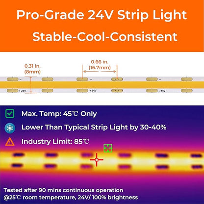 2700K COB LED Strip Lights, 24V DC Premium Flexible Tape Light with Strong 3M VHB Tape, CRI 95, UL Listed, Cuttable, Dimmable, for Hotels, Lobbies, Corridors, Rooms (NO Power Supply)