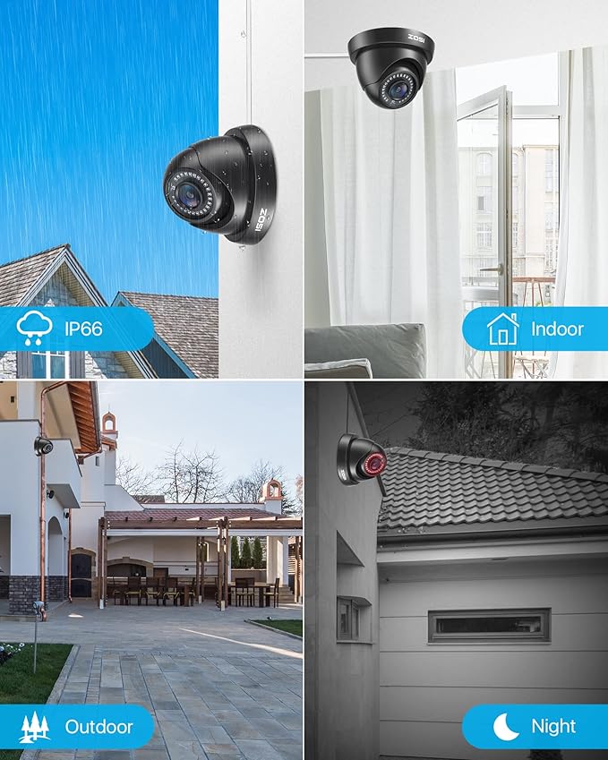 ZOSI 4 Pack 1080p 2MP HD-TVI Home Security Camera Outdoor Indoor 1920TVL, Weatherproof Surveillance CCTV Black Dome Camera, 80ft Night Vision, 24PCS LEDs, 90°View Angle
