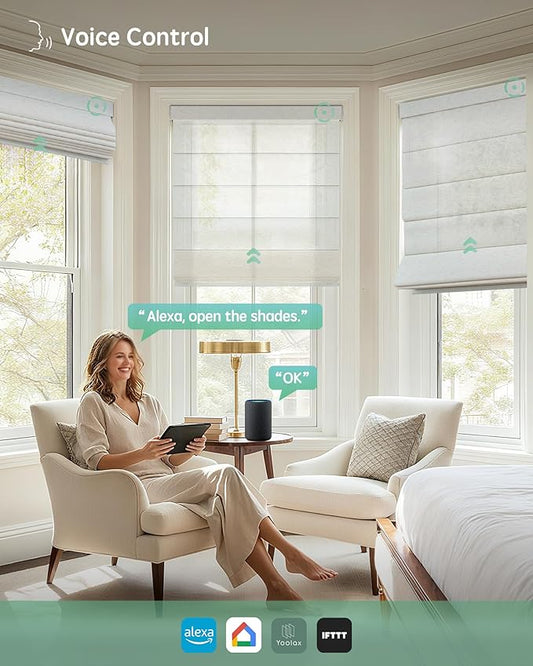Yoolax Motorized Roman Shades with Remote, Smart Roman Shades for Windows, Semi Sheer Automatic Blinds Work with Alexa, Google, Apple Homekit for Living Room, Dining Room, Customized (Light Coffee)